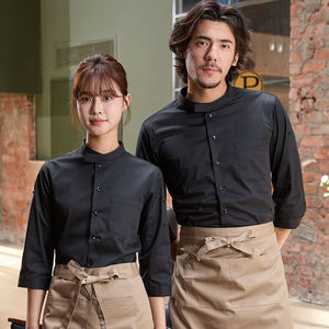 Camisas de Uniforme de Hostelería Negras Unisex Premium con Cuello Mao y Mangas Tres Cuartos, Conjunto de Ropa Ligera y Elegante - Product Image 1