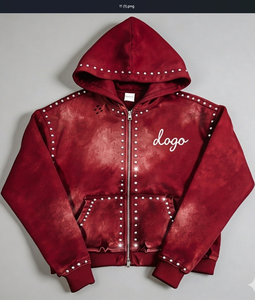 Sweat à capuche pour homme personnalisé, style streetwear, coupe ample à épaules tombantes, en molleton 100% coton, fermeture éclair, avec rivets et strass, grammage lourd - Product Image 4