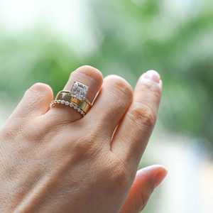 Lab Grown 1.02CT Asscher Cut Diamond With Wide Band <b>Ring</b> <b>Set</b> Full Eternity 18K Yellow <b>Gold</b> Fine Engagement Proposal for Lovers - Product Image 3