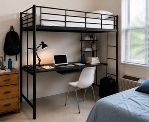 Modern Metal Loft <b>Bed</b> with Desk Silver Power Coated <b>Frame</b> Study <b>Bed</b> Apartment Villa Bedroom Furniture Adults Students - Product Image 6