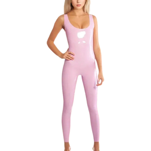Combinaison moulante rose en PU pour femme, sans manches, taille haute, coupe ajustée, longueur intégrale, col rond, style clubwear - Product Image 4
