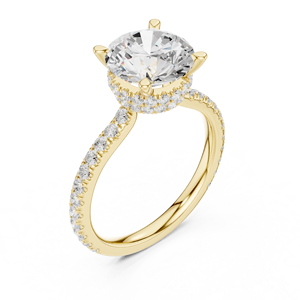 Anillo de compromiso de oro amarillo con diamante cultivado en laboratorio de corte redondo y banda pavé con doble halo oculto - Product Image 2