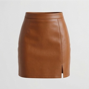 Jupe crayon mini en similicuir taille haute pour femme avec fente latérale, couleur unie, design minimaliste, à porter toute l'année - Product Image 1