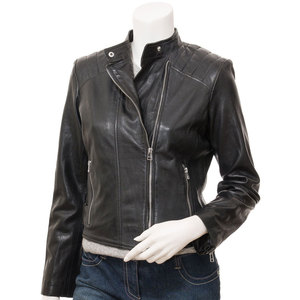 Women Genuine <b>Leather</b> Biker <b>Jacket</b> Fashion Motorcycle Coat OEM Supplier Full Sleeve Stand Collar Zipper Closure Solid Color - Product Image 1