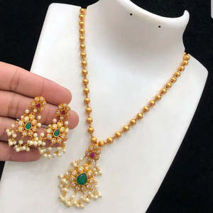 Fashion Jewelry Set Golden Pearls with Guttapusalu Style Pendant and Earrings - Product Image 1