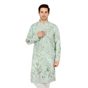 Ensemble Kurta Festif Brodé pour Homme - Kurta en Georgette Vert Menthe avec Patchwork et Motifs Floraux de Créateur et Bas Assorti - Product Image 5