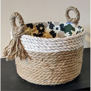 Panier tressé en jute naturel avec doublure florale et poignées en corde, style ferme moderne, bac de rangement décoratif pour la maison - Product Image 1