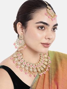Ensemble collier et boucles d'oreilles en alliage plaqué or avec design floral en strass rose pour femmes, bijoux de mariage - Product Image 2