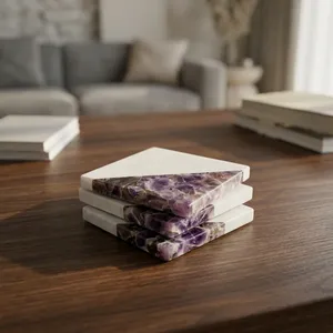 Handmade Natural Stone and Amethyst Marble Square <b>Coaster</b> Set Decorative <b>Drink</b> <b>Coasters</b> for Home Office Tabletop - Product Image 5