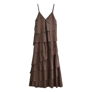 Robe longue à volants étagés, bretelles spaghetti, col en V, sans manches, coupe trapèze, style bohème décontracté pour l'été - Product Image 3