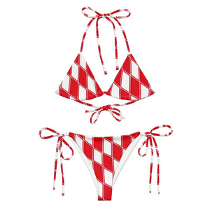 Ensemble de bikini dos nu à carreaux rouges et blancs pour femme, maillot de bain deux pièces à nouer sur les côtés en Spandex extensible et polyester, collection 2026 - Product Image 1
