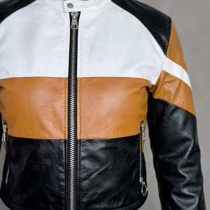 Blouson de motard en cuir véritable pour femme, col montant, fermeture éclair, style color block, court - Product Image 6