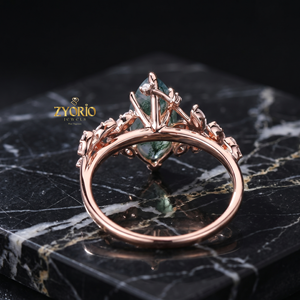 Anillo de compromiso de plata 925 con ágata musgosa marquesa, diseño de racimo de hojas inspirado en la naturaleza - Product Image 5