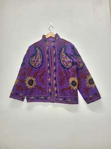 Purple Velvet Quilted Breathable Eco-Friendly Floral Embroidered Jacket - Product Image 1