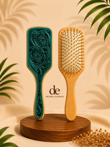 High Quality Handmade Hand Tooled Leather Wooden Hair Brush With Carved Floral Design For Scalp Massage Rectangular Shape - Product Image 2