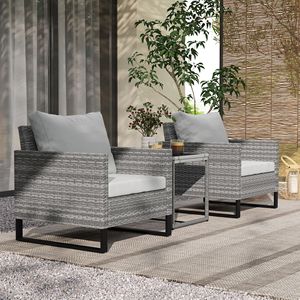 Set Bistrot in Vimini Grigio 3 Pezzi con Cuscini, Sedie in Rattan e Tavolino in Vetro per Arredamento da Giardino, Veranda o Balcone - Product Image 2