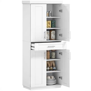 Modern <b>White</b> Kitchen Pantry <b>Cabinet</b> <b>Storage</b> with 4 Particle Board Doors Drawer 3 Adjustable Shelves for Dining Room - Product Image 1