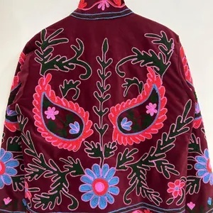 Bohemian Winter <b>Coat</b> Floral Suzani Embroidered Velvet Jacket Windproof Knitted Duster Cotton Floral Suzani Embroidered - Product Image 2