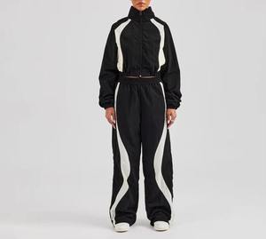 Custom Women Crop Windbreaker Tracksuit Set 2 1 Design Geometric Block Lightweight Breathable Quick Dry Gym <b>Jogger</b> Suit - Product Image 1