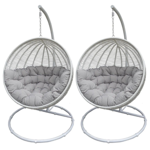 White Wicker <b>Hanging</b> Egg <b>Chair</b> with Gray Cushion and Stand for Outdoor Patio Swings - Product Image 5