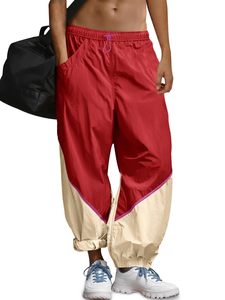 Pantalon de jogging ample à taille mi-haute pour femme, coupe droite, couleur unie, taille élastique, idéal pour l'été |   Poches de sport amples à blocs de couleur - Product Image 1