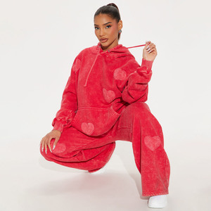 Survêtement à capuche en polaire rouge pour femme, couleur unie, décontracté, avec poches latérales, taille élastique, coupe ample, style hiver - Product Image 3