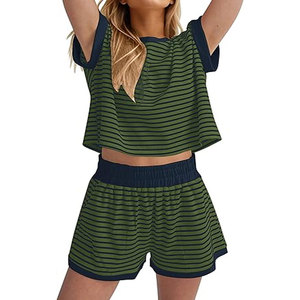 Ensemble 2 pièces décontracté d'été pour femmes : T-shirts à manches courtes en maille unie et shorts, 100 % coton satiné écologique - Product Image 6