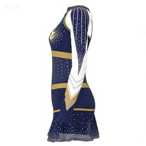 Uniforme de cheerleading pour femmes, bleu marine, or, strass, impression par sublimation, robe sans manches, taille adulte - Product Image 5