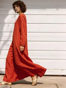 Women Plain Red <b>Boho</b> Maxi <b>Dress</b> Deep V Neck <b>Long</b> Lantern Sleeve Loose Oversized Casual Floor Length <b>Dress</b> - Product Image 2