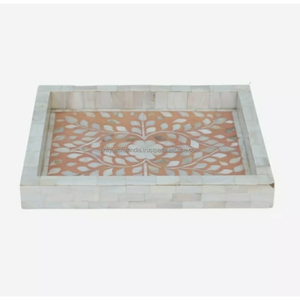 Plateau rectangulaire en incrustation de nacre avec motif en grille Plateau de service en bois fait à la main pour bureau Table Bar Comptoir Décor Cadeau - Product Image 6