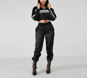 Wholesale <b>Women</b> Casual Reflective Eco-Friendly Tracksuit 2 Piece Crop Windbreaker <b>Jacket</b> Jogger Pants Set Night Running - Product Image 4