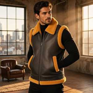 Chaleco de Cuero Negro para Hombre con Ribete de Borrego Amarillo, Chaleco Aviador con Cuello de Piel Sintética, Chaleco con Cierre, Chaqueta sin Mangas de Invierno, Chaqueta de Motociclista - Product Image 1