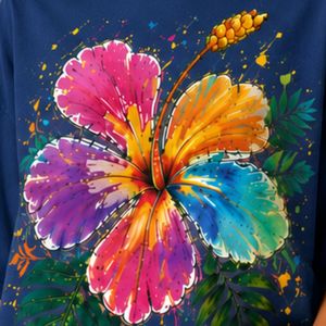 Camiseta Extra Grande Azul Marino para Mujer con Estampado Gráfico de Flor de Hibisco Colorida, Camiseta Casual de Algodón para Verano, Personalizada OEM ODM al por Mayor - Product Image 5