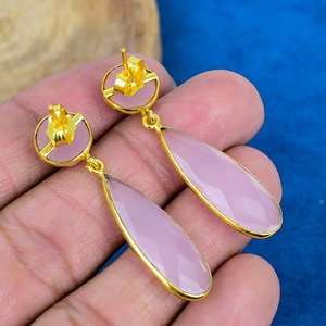Natural Pink Chalcedony Pear Shape Gemstone <b>Stud</b> Earring 18k Gold Micron Over 925 Sterling <b>Silver</b> - Product Image 2
