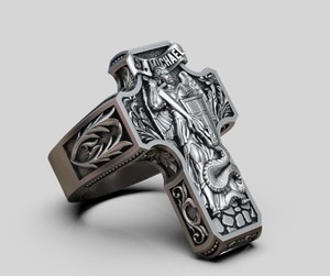 Anillo de Lujo de Plata de Ley 925 con Cruz de San Miguel, Anillo Ancho Gótico de Guerrero Ángel, Joyería de Declaración para Hombres y Mujeres - Product Image 3