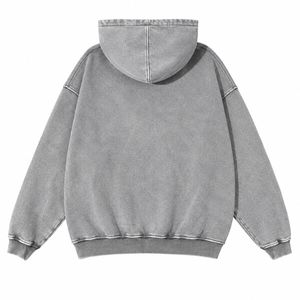 เสื้อฮู้ดดี้โอเวอร์ไซส์สีเทาสไตล์วินเทจ ล้างสีแบบแอซิดวอช ผ้าฝ้ายฟลีซหนานุ่ม พิมพ์ลายตามสั่ง สตรีทแวร์ ยูนิเซ็กส์ มีฮู้ด - Product Image 2