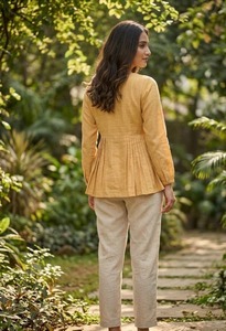 Conjunto de Top Peplum de Lino y Pantalones Rectos para Mujer, Estilo Casual Chic, Mezcla de Algodón Pastel, Cómodo para Uso Diario - Product Image 3