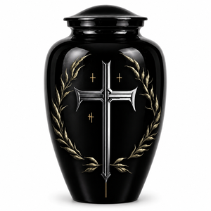 Hermosa Pegatina con Imagen de Cruz Negra y Plateada con Urna de Esmalte para Cenizas Humanas Funerarias - Product Image 1