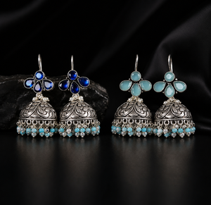 Wholesale Vintage Classic Oxidized <b>Silver</b> Indian Jhumka Drop <b>Earring</b> Sapphire Chalcedony Boho Jewelry Women Direct Factory - Product Image 5