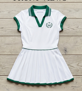 Robe de tennis bleu marine à manches courtes pour femme avec bordure dorée, jupe plissée, col chemise et boutons sur le devant, robes de netball pour femme - Product Image 4