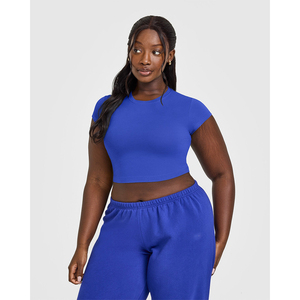 Conjunto Deportivo Casual de Verano para Mujer, Top Corto de Punto Azul con Pantalones a Juego, Transpirable, de Color Sólido - Product Image 1