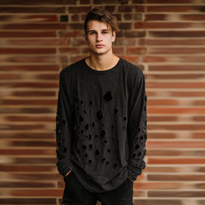 เสื้อยืดแขนยาวทรงหลวมสไตล์ดิสเทรสสำหรับผู้ชาย เสื้อยืดดิสเทรสทรงหลวมไหล่ตกสำหรับฤดูร้อน เสื้อยืดน้ำหนักเบาแห้งเร็วสำหรับผู้ชาย - Product Image 2