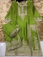 Ensemble Salwar Kameez en Soie pour Fête de Mariage, Tenue Ethnique Traditionnelle Longueur Genou, Broderie Zari pour Occasions Festives