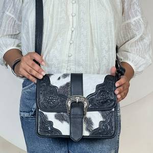 New Arrival High Quality Hair on Cowhide Tooled Leather Handbags Unique Floral Buckle Design Crossbody <b>Women</b> <b>Messenger</b> <b>Bags</b> - Product Image 2