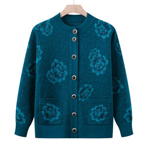 Pull/Cardigan tricoté vintage brodé floral automne/hiver pour femme d'âge moyen et âgée, 100 % polyester épais - Product Image 4