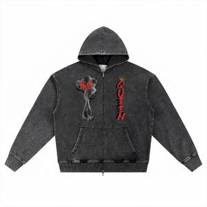 Sudadera con capucha de mezclilla para hombre con cremallera completa, estampado de grafiti, corte holgado, con bolsillos, para invierno, 330 gramos - Product Image 1