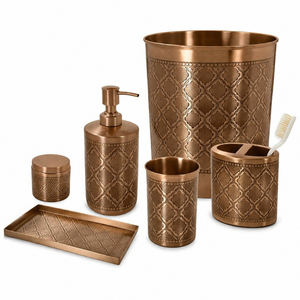 Antique Copper <b>Bathroom</b> <b>Accessories</b> <b>Set</b> 6-Piece Engraved Metal Bath Countertop <b>Set</b> with Wastebasket Soap Dispenser For Hotel Use - Product Image 1