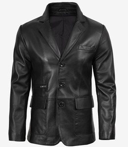 Custom Men's Black <b>Leather</b> <b>Blazer</b> | Three-Button Formal Lambskin Coat | OEM Apparel Manufacturer - Product Image 3