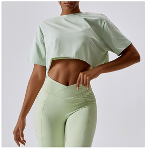 <b>Mint</b> <b>Green</b> Crop <b>Top</b> Short Sleeve O-Neck Knitted Spandex Polyester Sporty Fit Women's Activewear Set - Product Image 1