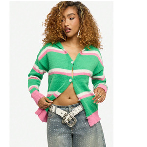 Women’s Striped Hooded <b>Cardigan</b> <b>Sweater</b> Custom Knit Button Front Oversized Casual Fashion <b>Sweater</b> OEM ODM Manufacturer - Product Image 1